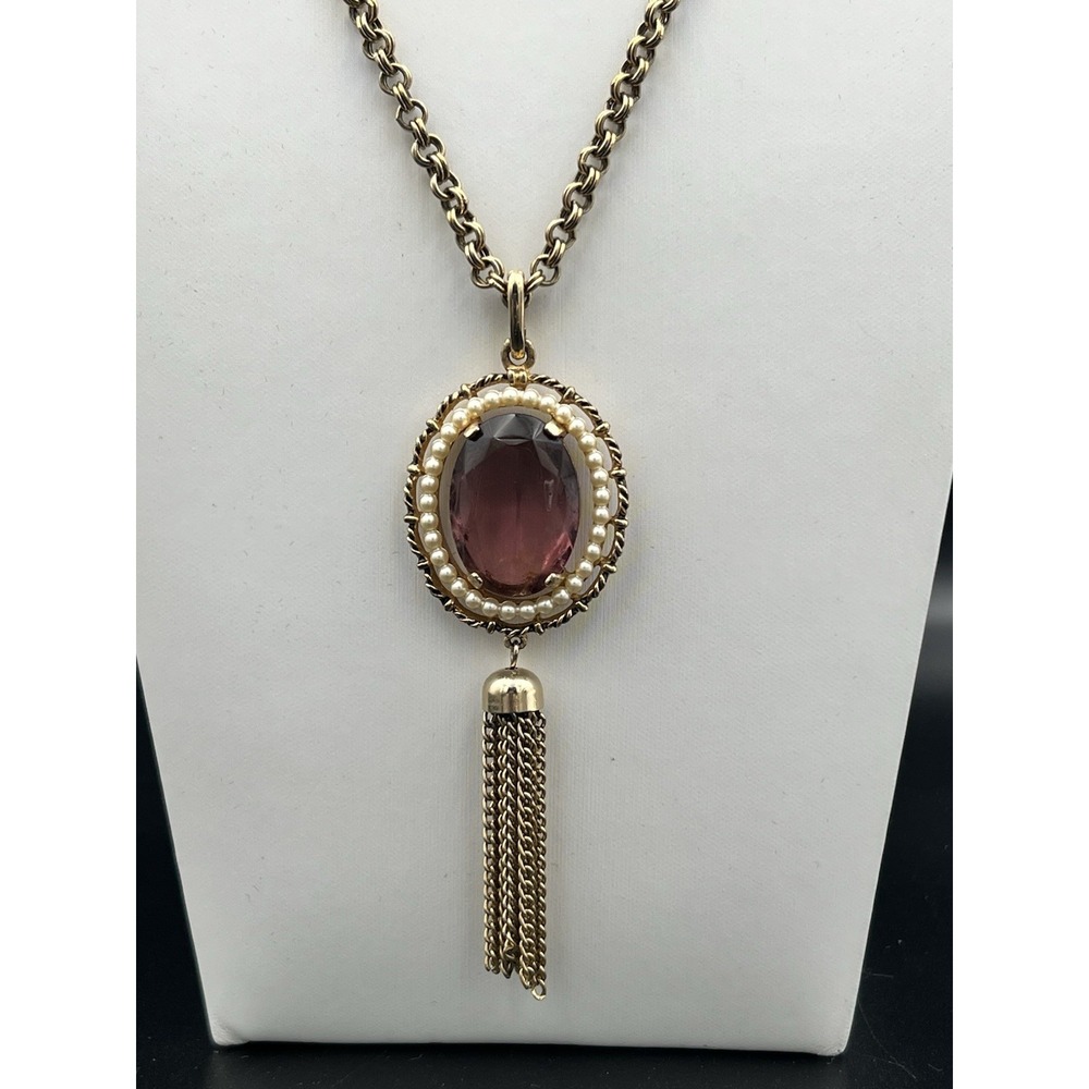 Vintage 70s Gold Tone Purple Glass Faux Pearl Tassel Pendant Necklace 24" 70s